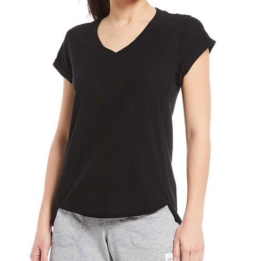 New Women's CALVIN KLEIN X-Small Black Performance‎ Rolled-Cuff V-Neck T-Shirt